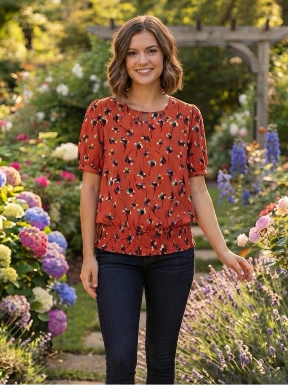 Sienna Sky Red Floral Puff-Sleeve Blouse